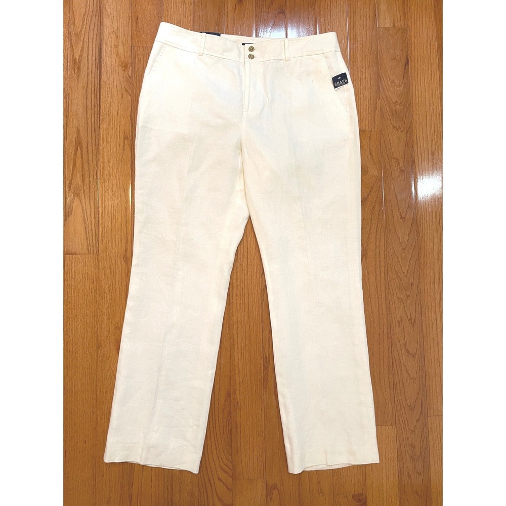Chaps 100% Linen Womens 16 White Slimming Straight Coastal Chic Classic